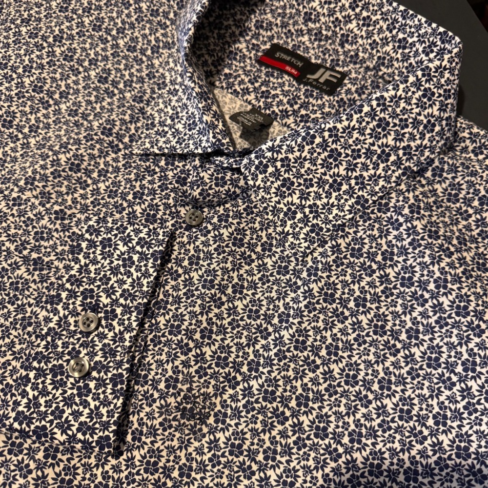 NWT‎ J.Ferrar Floral Stretch Slim Fit Button Down Shirt Navy White Mens XXL
